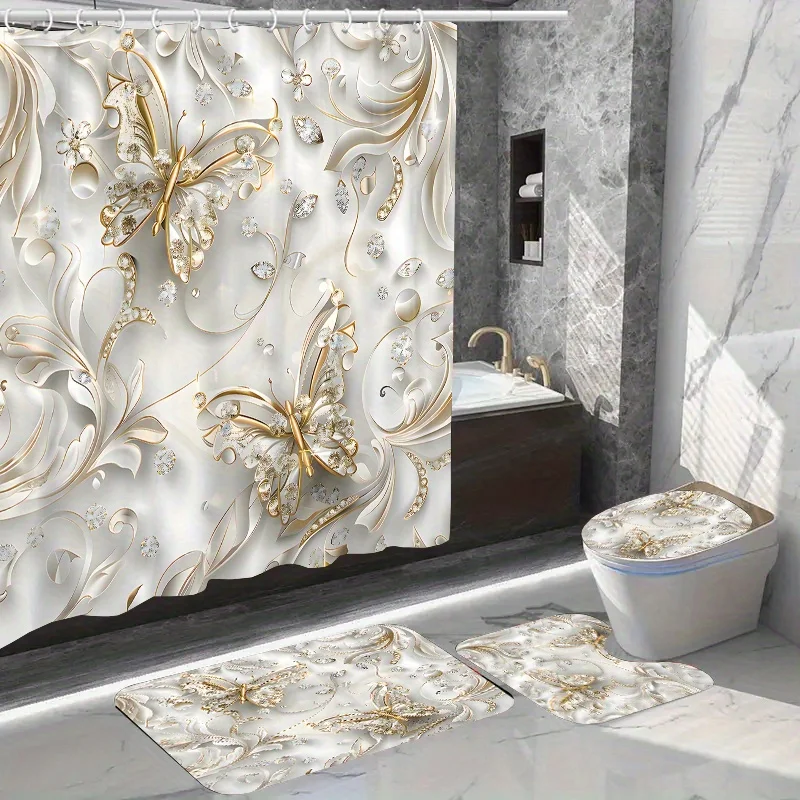 4pcs Elegant Butterfly Shower  - Bamboo Bath Mat 评论和价格